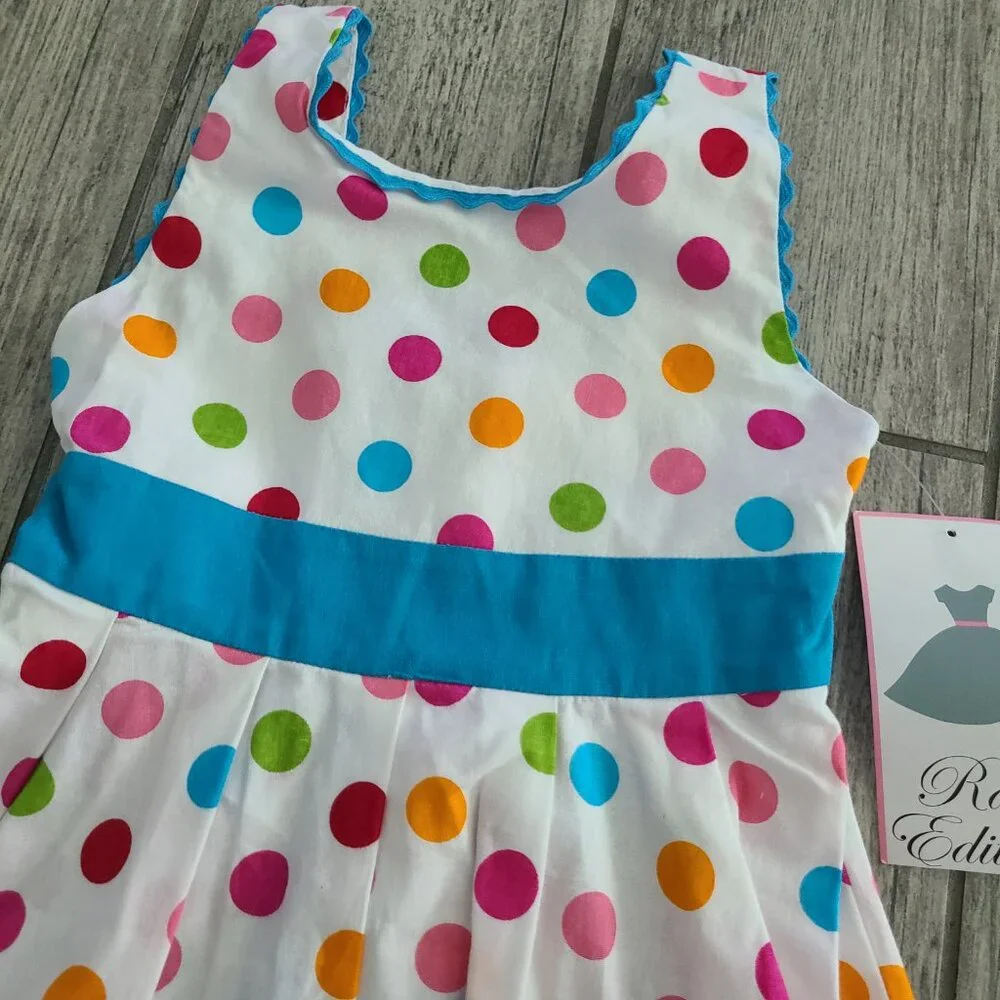 Rare Editions NWT Girls white and blue Polka Dot Sleeveless Dress – Size 4